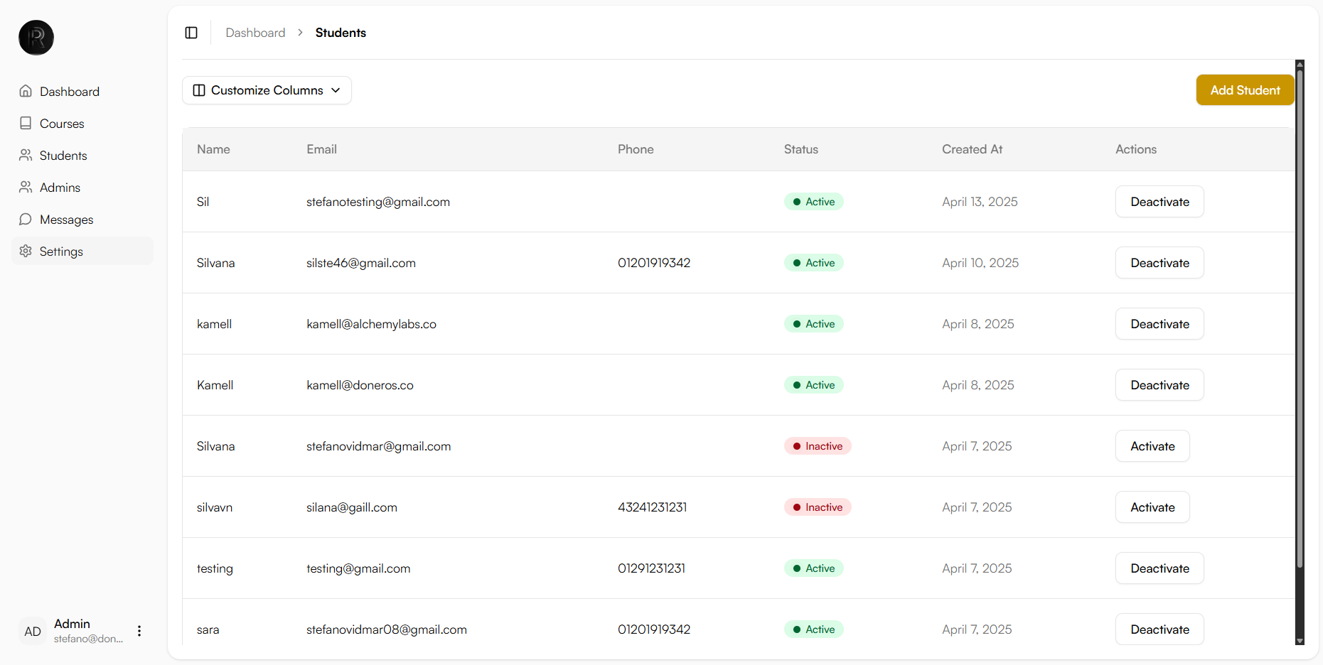 dashboard students panel screenshot